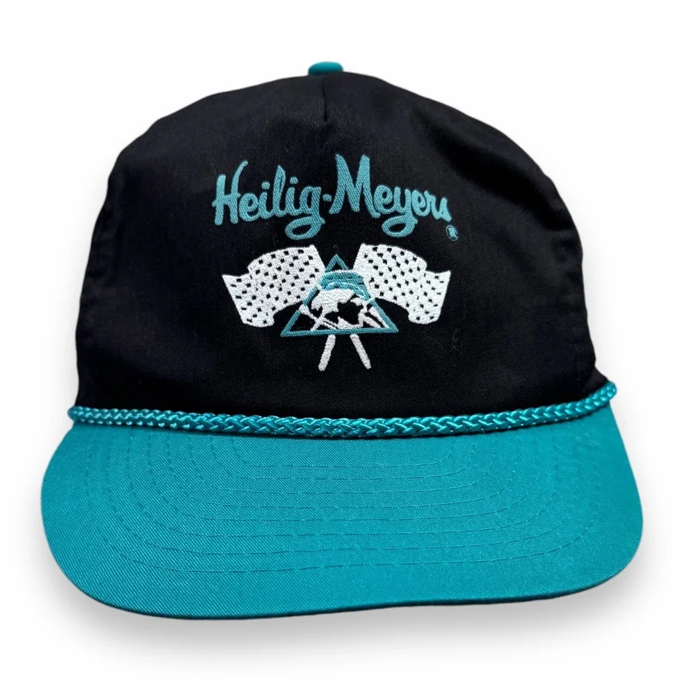 Vintage Heilig Meyers Furniture Embroidered Snapback Hat Black Teal Nissin Cap